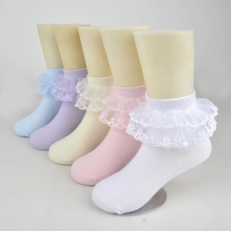 1Pairs Cotton Lace Ruffle Princess Mesh Breathable Socks Children Ankle Short Sock White Pink Blue Baby Girls Kids Toddler