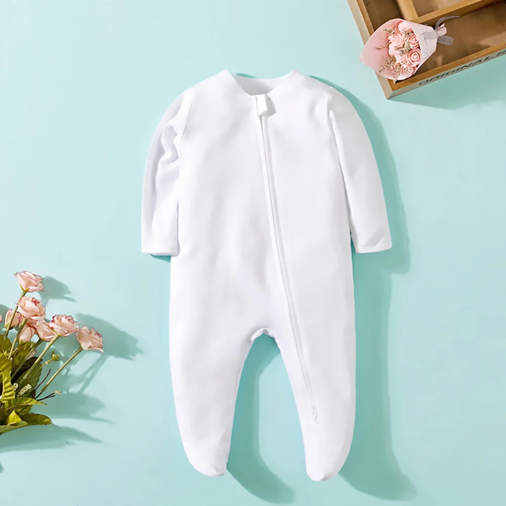 Spring Newborn Footed Pajamas Zipper Girl and Boy Romper Long Sleeve 0-12 Months Baby Clothe Jumpsuit Cotton Solid White Fashion