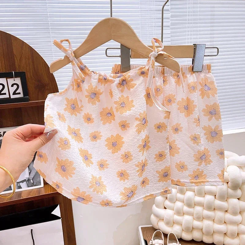 ‌2025 Summer Girls 1-8 Years Floral Sleeveless Dress Set + Korean Style Soft Top & Shorts Cute Casual Beach Outfits‌