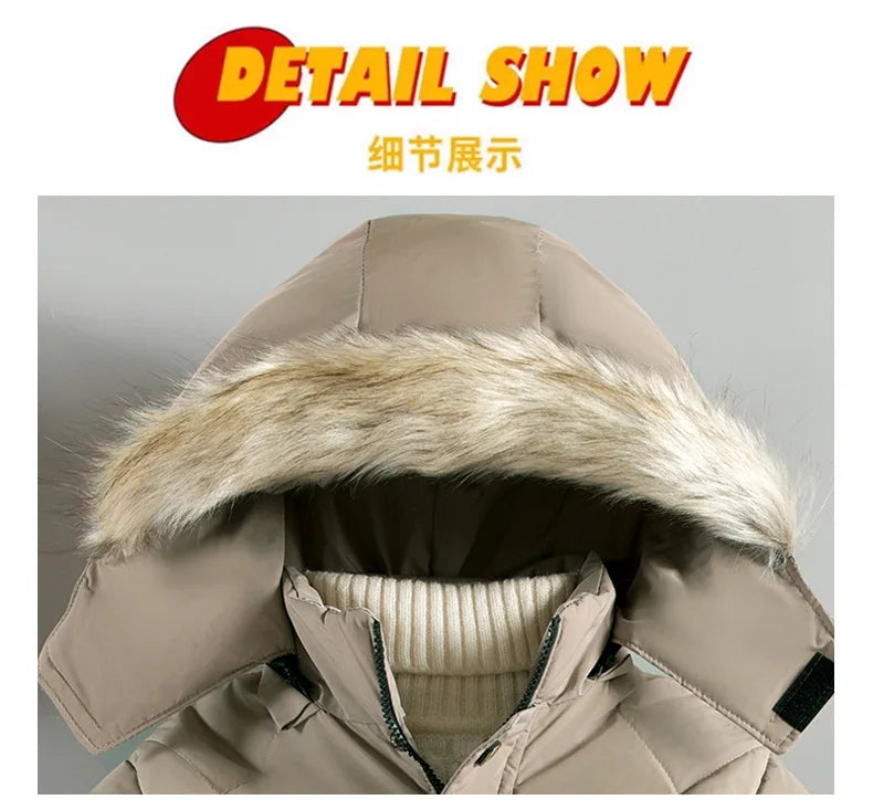 2025 Winter New Boys Jacket Solid Color Lining Plush Keep Warm Fur Collar Hooded Zipper Outerwear For 4-10Y Teen Kids Snowsuit