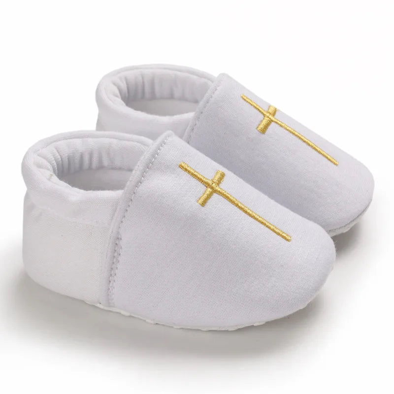 Newborn Baby White Baptism Shoes Soft Anti-slip Toddler Boy Girl Christening Golden Church Cross Soled Infant First Walker Shoes