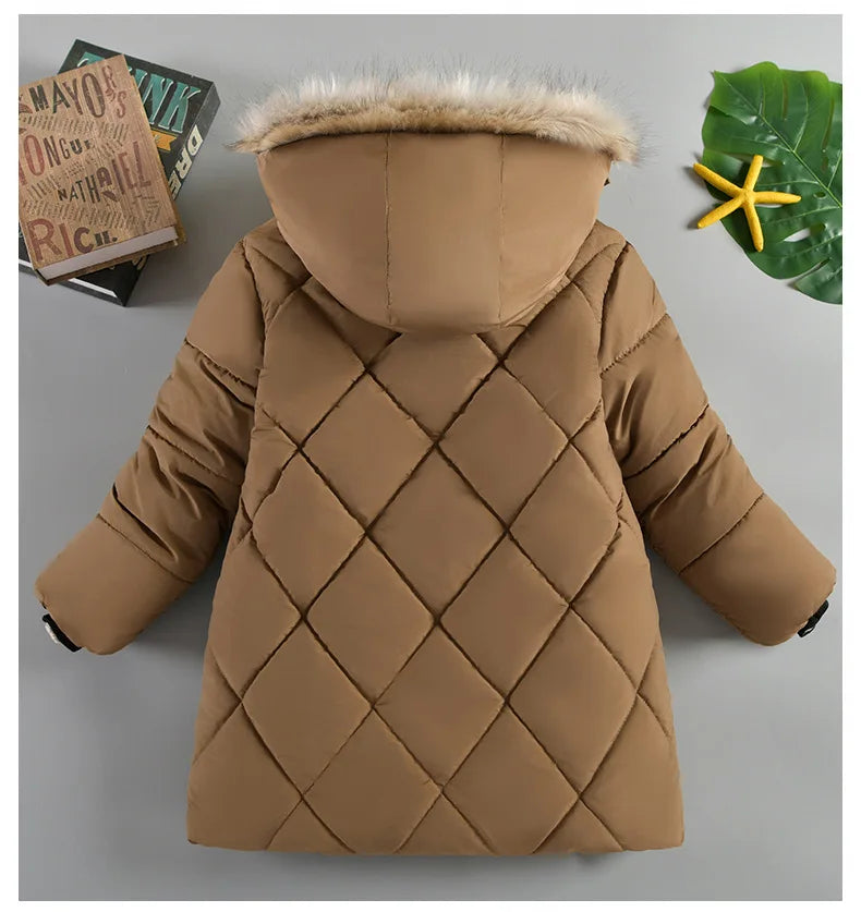 2025 Winter New Boys Jacket Solid Color Lining Plush Keep Warm Fur Collar Hooded Zipper Outerwear For 4-10Y Teen Kids Snowsuit