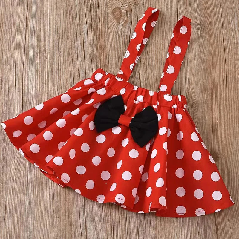 2Pcs/Set Mickey Minnie Mouse Children Outfit Baby Girls Summer Evening Kids Dots Tops Skirt Cosplay Dress with Headband Bow