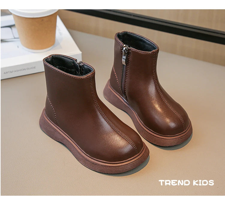 Children Fashion Boots Simple Girls Ankle Boot Black Kids Short Leather Boots Side Zipper Thick Bottom Autumn Winter 2024 New - Idrilay 
