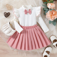 2PCS Fall Toddler Baby Girls Fashion Baby Clothes In White Flysleeve T+ Pink Pleated Skirt (Multi-Colored) Decorated With Bow