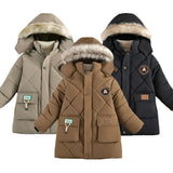 2025 Winter New Boys Jacket Solid Color Lining Plush Keep Warm Fur Collar Hooded Zipper Outerwear For 4-10Y Teen Kids Snowsuit