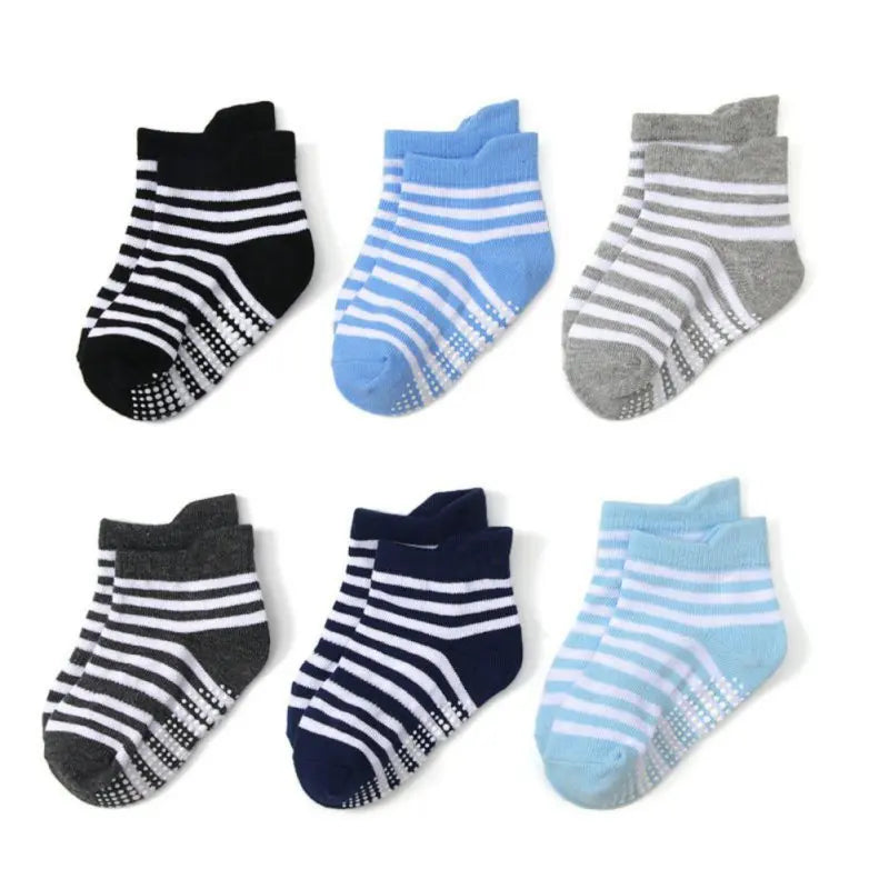 6 Pair Cotton Baby Anti-slip Boat Socks For Boys Girls Low Cut Floor Kids Toddler Sock With Rubber Grips For 0-7Years