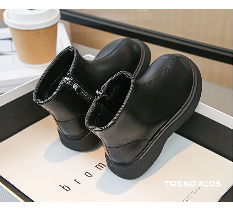 Children Fashion Boots Simple Girls Ankle Boot Black Kids Short Leather Boots Side Zipper Thick Bottom Autumn Winter 2024 New - Idrilay 