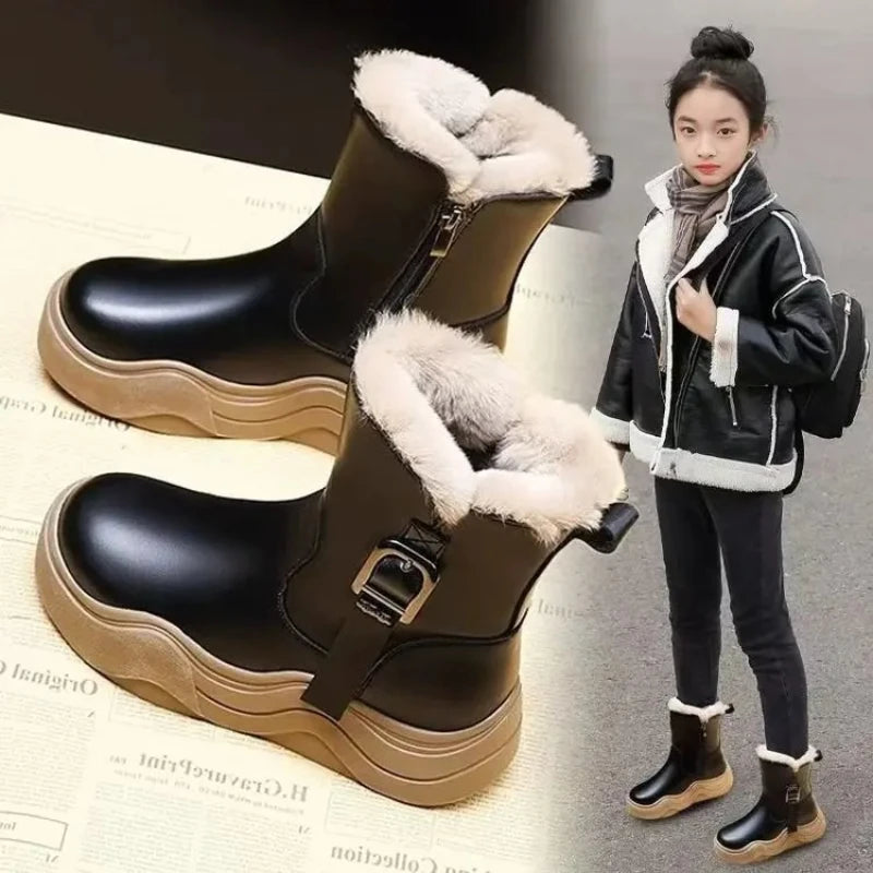 2025 New Fashion Winter Kids Faux Fur Boots for Girls Kids Plush Lining Ankle Boots Non-slip Breathable School Shoes - Idrilay 