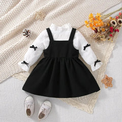 2-Piece Baby Girl Spring and Autumn Sweet New Style Beautiful Casual White Long Sleeve Black Strap Skirt Comfortable