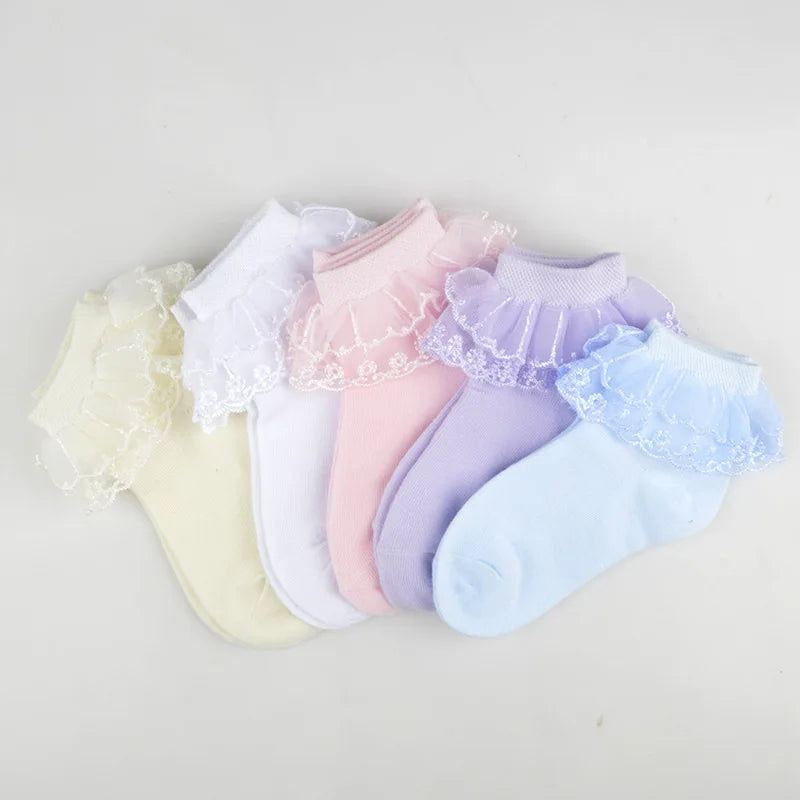 1Pairs Cotton Lace Ruffle Princess Mesh Breathable Socks Children Ankle Short Sock White Pink Blue Baby Girls Kids Toddler