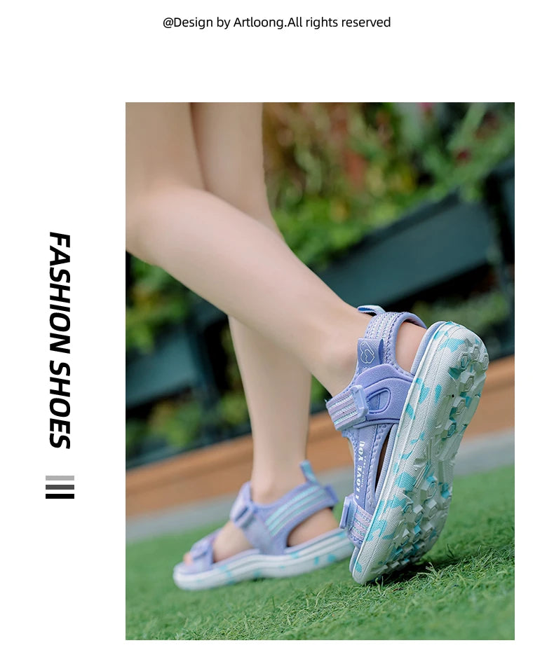 Sandals Girls Soft Soles Casual Shoe Fashionable Princess Shoes New Flowers Pink Flat Shoes  Brand Non-slip Beach Shoes Children