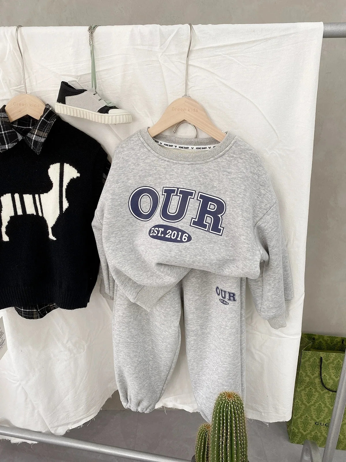 Spring Autumn Warm Boys Clothing Set Letter OUR Lined With Velvet Shirt+Pants 2Pcs Suit For Kids Children Outdoor Sports Suit