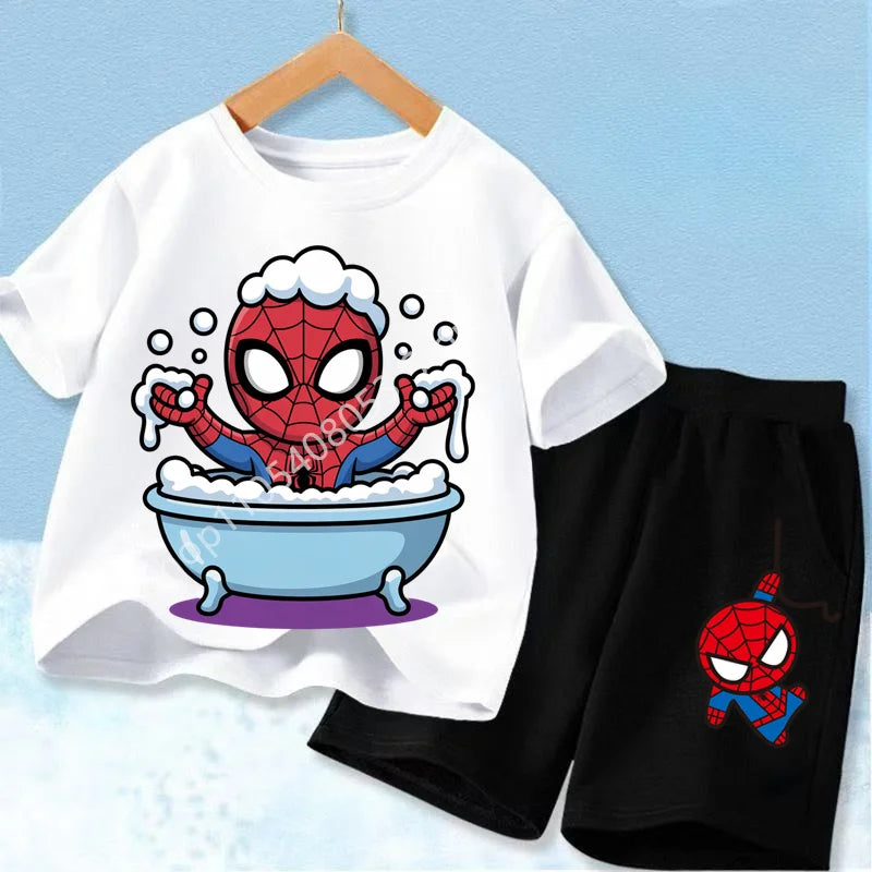 Summer Hot Sale Kids Short Sleeve Two Piece Set Marvel Spider Man Cartoon Print Children Outfit