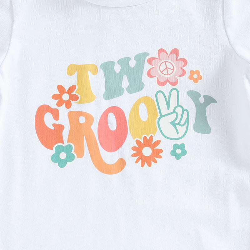 2-3T Toddler Baby Girl Birthday Outfit Groovy One/Two Groovy Romper Shirts Flower Bell Bottoms Headband Boho Clothes