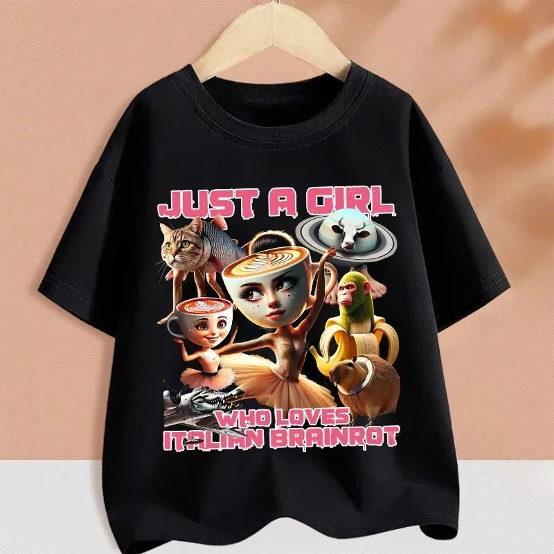 2025 Kids Clothes Funny Italian Brainrot T Shirt Cartoon Graphics Casual Vintage Boys Girls Short Sleeve Top Children's Clothing