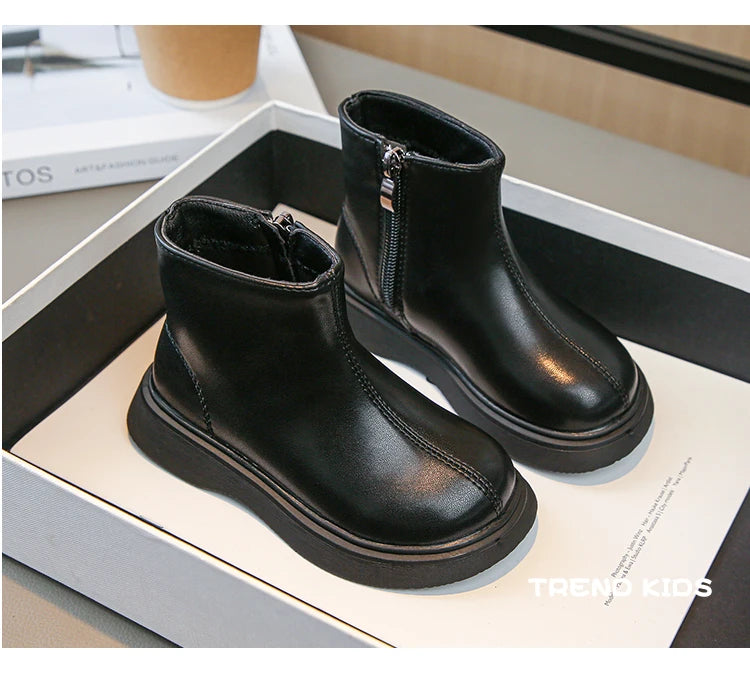 Children Fashion Boots Simple Girls Ankle Boot Black Kids Short Leather Boots Side Zipper Thick Bottom Autumn Winter 2024 New - Idrilay 