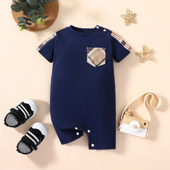 PatPat Baby Boy 95% Cotton Plaid Spliced Short-sleeve Romper Suitable for Summer Season Soft and Comfortable