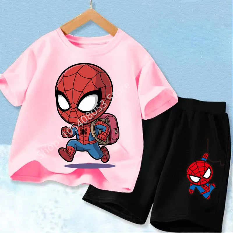 Summer Hot Sale Kids Short Sleeve Two Piece Set Marvel Spider Man Cartoon Print Children Outfit