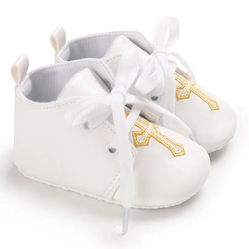 Newborn Baby White Baptism Shoes Soft Anti-slip Toddler Boy Girl Christening Golden Church Cross Soled Infant First Walker Shoes