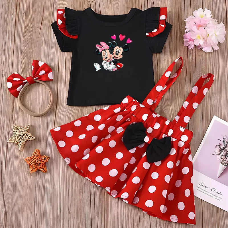 2Pcs/Set Mickey Minnie Mouse Children Outfit Baby Girls Summer Evening Kids Dots Tops Skirt Cosplay Dress with Headband Bow
