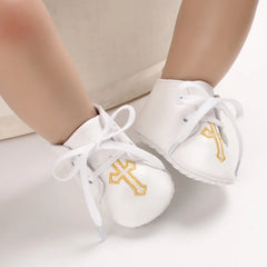 Newborn Baby White Baptism Shoes Soft Anti-slip Toddler Boy Girl Christening Golden Church Cross Soled Infant First Walker Shoes