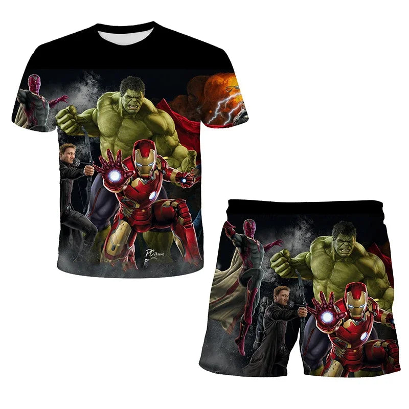 Boys Summer Spider-Man Marvel Hulk Iron Man Spiderman 2 Piece Set Breathable Tshirt & Shorts