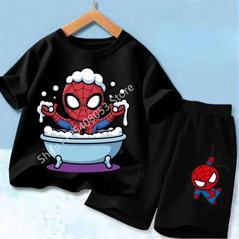 Summer Hot Sale Kids Short Sleeve Two Piece Set Marvel Spider Man Cartoon Print Children Outfit