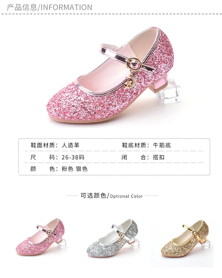 Girls Shoes Children High Heel Glitter Crystal Sandals Fashion Buckle Kids Princess Dance Shoe Student Performance Leather Shoes - Idrilay 