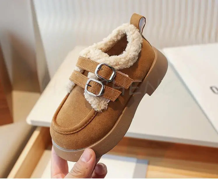 Autumn Winter Children Flats Shoes Solid Plush Warm Korean Style Girls Princess Casual Shoes Soft Bottom Furry Kids Cotton Shoes