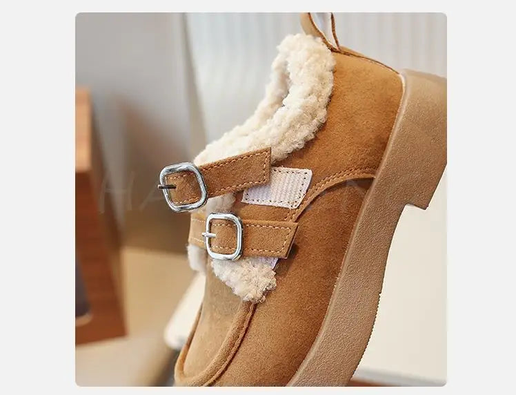 Autumn Winter Children Flats Shoes Solid Plush Warm Korean Style Girls Princess Casual Shoes Soft Bottom Furry Kids Cotton Shoes