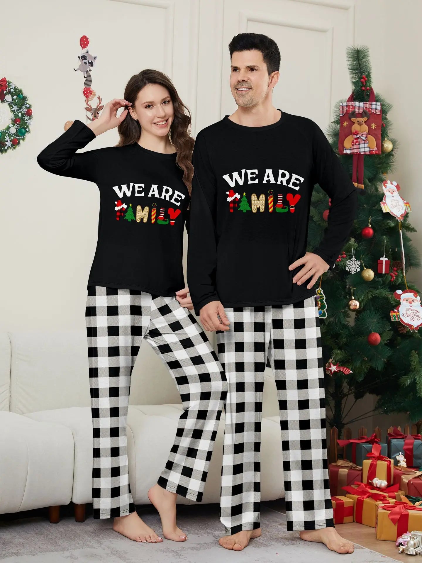 Happy New Year Family Matching Outfits Letter Plaid Print Parent-child 2 Pieces Suit Sleepwear Soft Loose Pajamas Set Xmas Wear