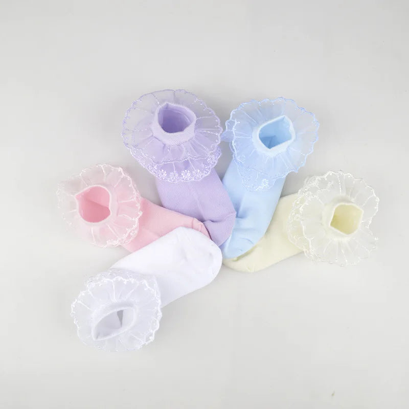 1Pairs Cotton Lace Ruffle Princess Mesh Breathable Socks Children Ankle Short Sock White Pink Blue Baby Girls Kids Toddler