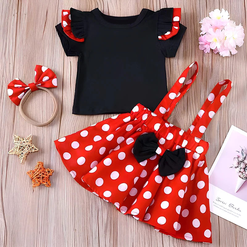 2Pcs/Set Mickey Minnie Mouse Children Outfit Baby Girls Summer Evening Kids Dots Tops Skirt Cosplay Dress with Headband Bow