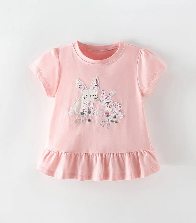 2026 Summer New Arrival 2 3 4 5 6 8 10 Years Kids Children Flower Print Baby Top Basic Cartoon Cotton Girls Short-Sleeve T-Shirt