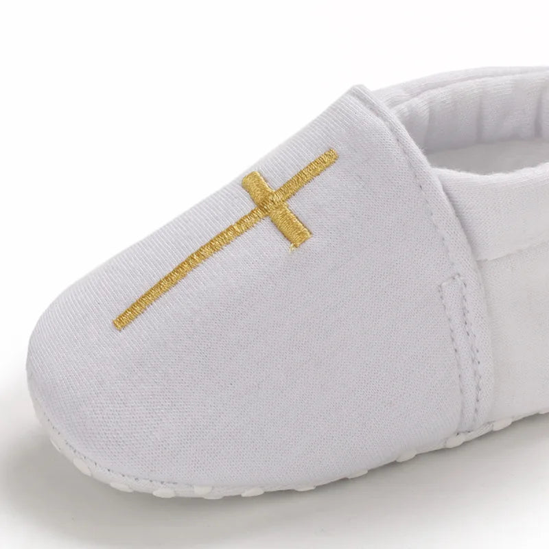 Newborn Baby White Baptism Shoes Soft Anti-slip Toddler Boy Girl Christening Golden Church Cross Soled Infant First Walker Shoes