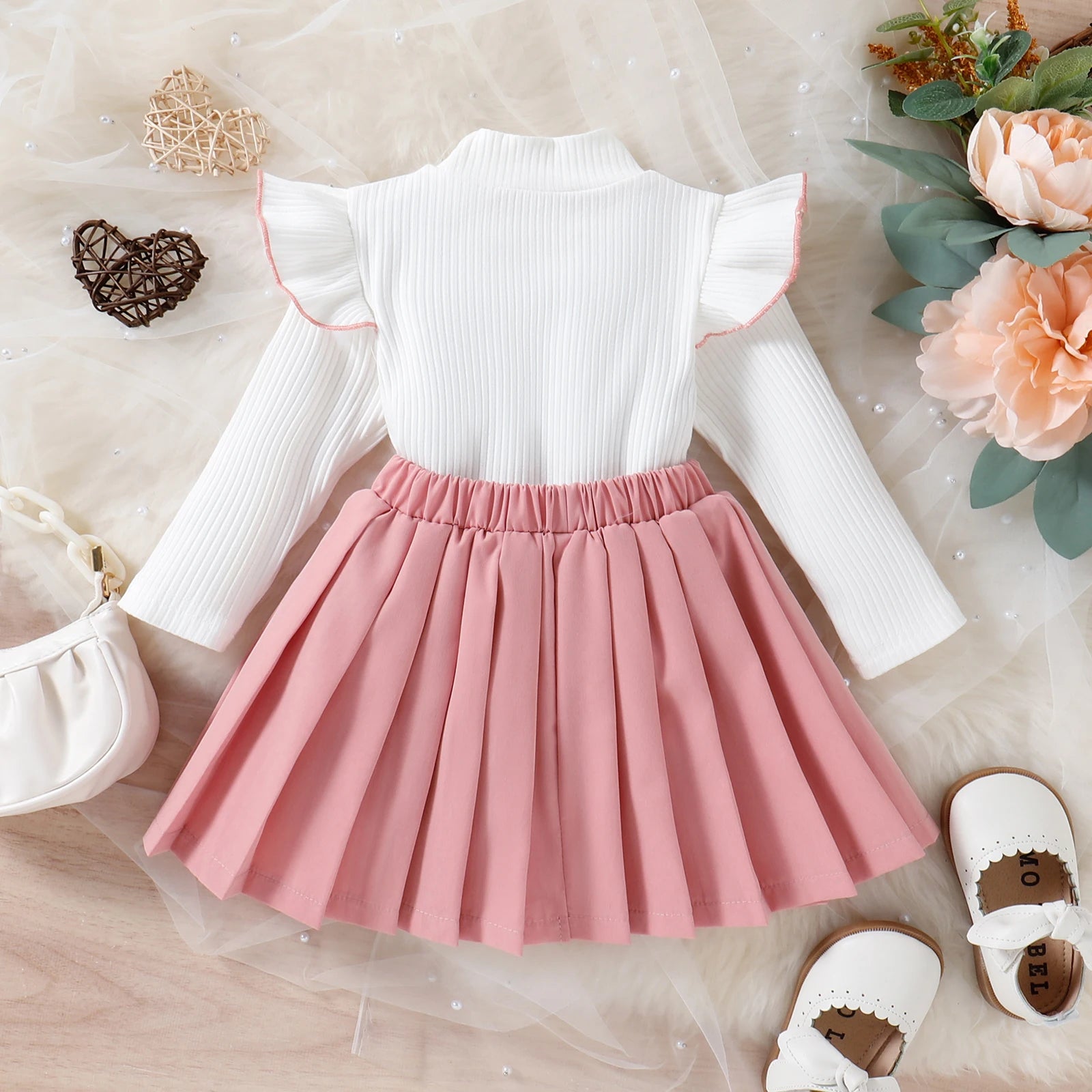 2PCS Fall Toddler Baby Girls Fashion Baby Clothes In White Flysleeve T+ Pink Pleated Skirt (Multi-Colored) Decorated With Bow