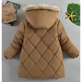2025 Winter New Boys Jacket Solid Color Lining Plush Keep Warm Fur Collar Hooded Zipper Outerwear For 4-10Y Teen Kids Snowsuit