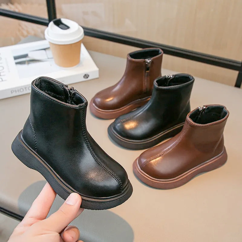 Children Fashion Boots Simple Girls Ankle Boot Black Kids Short Leather Boots Side Zipper Thick Bottom Autumn Winter 2024 New - Idrilay 