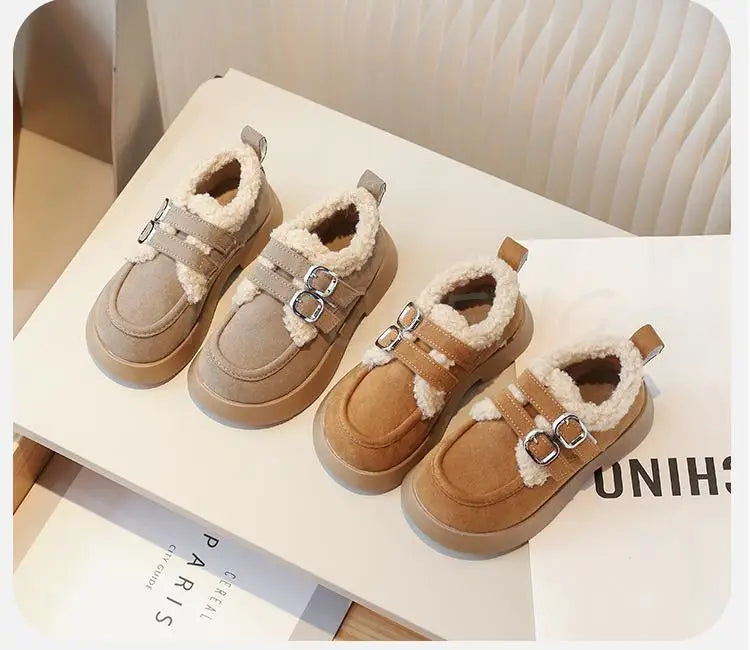 Autumn Winter Children Flats Shoes Solid Plush Warm Korean Style Girls Princess Casual Shoes Soft Bottom Furry Kids Cotton Shoes