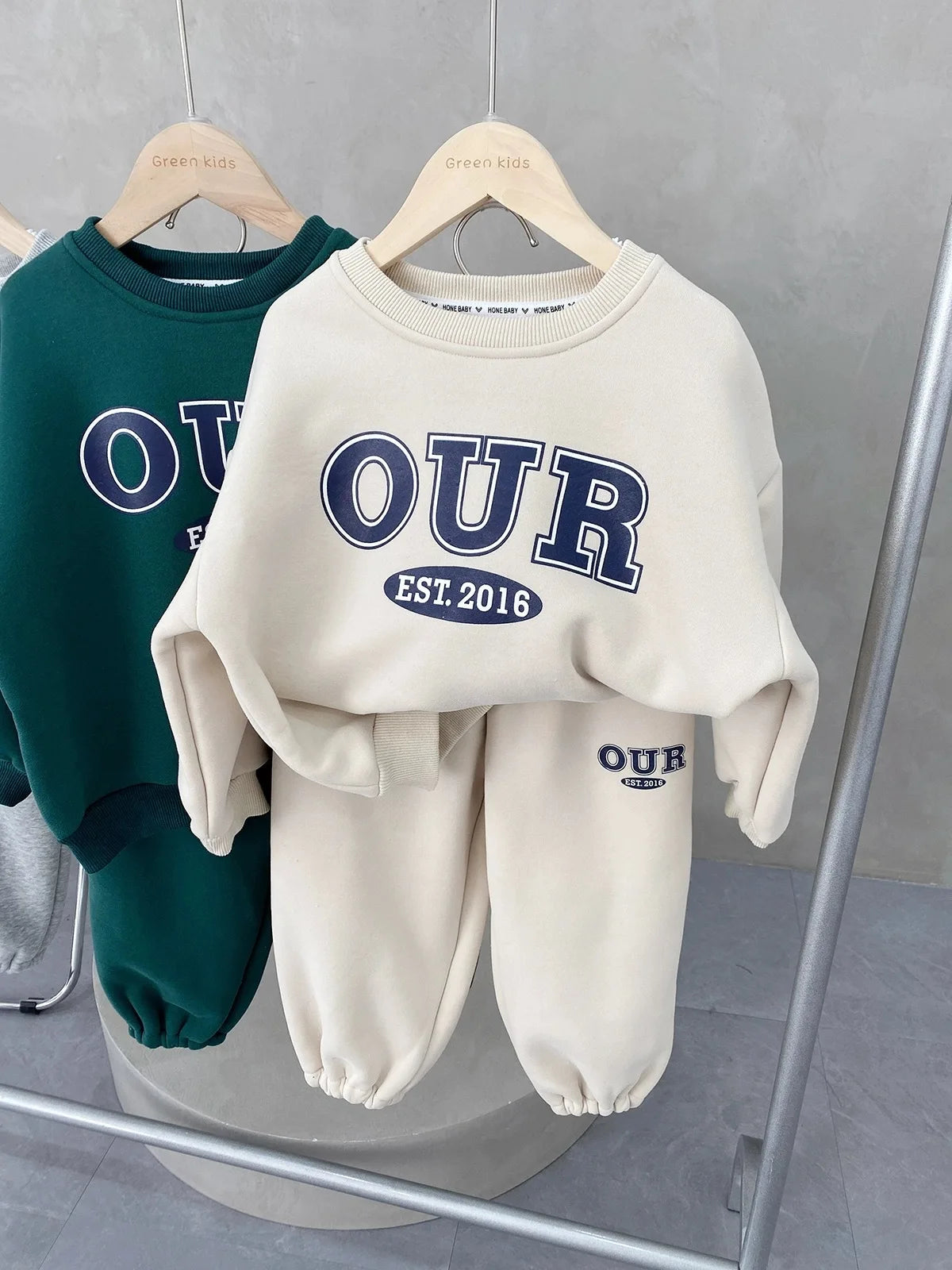 Spring Autumn Warm Boys Clothing Set Letter OUR Lined With Velvet Shirt+Pants 2Pcs Suit For Kids Children Outdoor Sports Suit