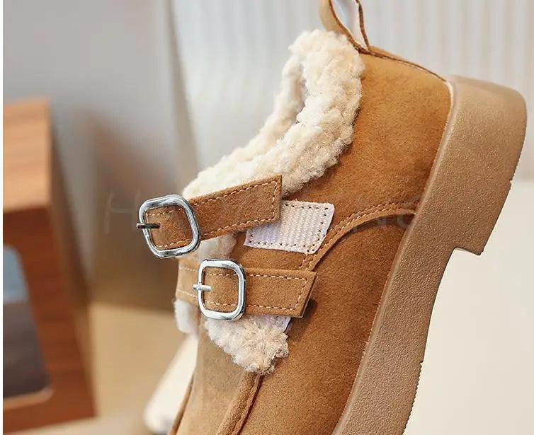 Autumn Winter Children Flats Shoes Solid Plush Warm Korean Style Girls Princess Casual Shoes Soft Bottom Furry Kids Cotton Shoes