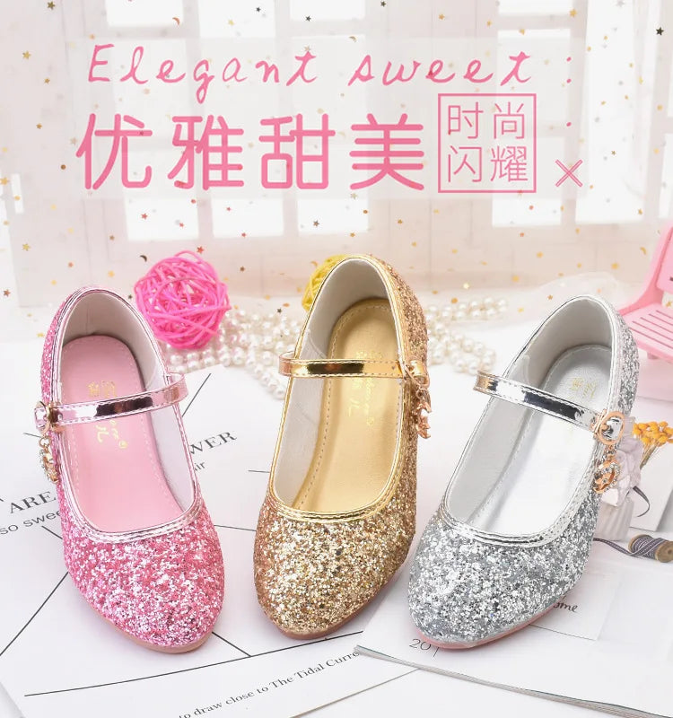 Girls Shoes Children High Heel Glitter Crystal Sandals Fashion Buckle Kids Princess Dance Shoe Student Performance Leather Shoes - Idrilay 