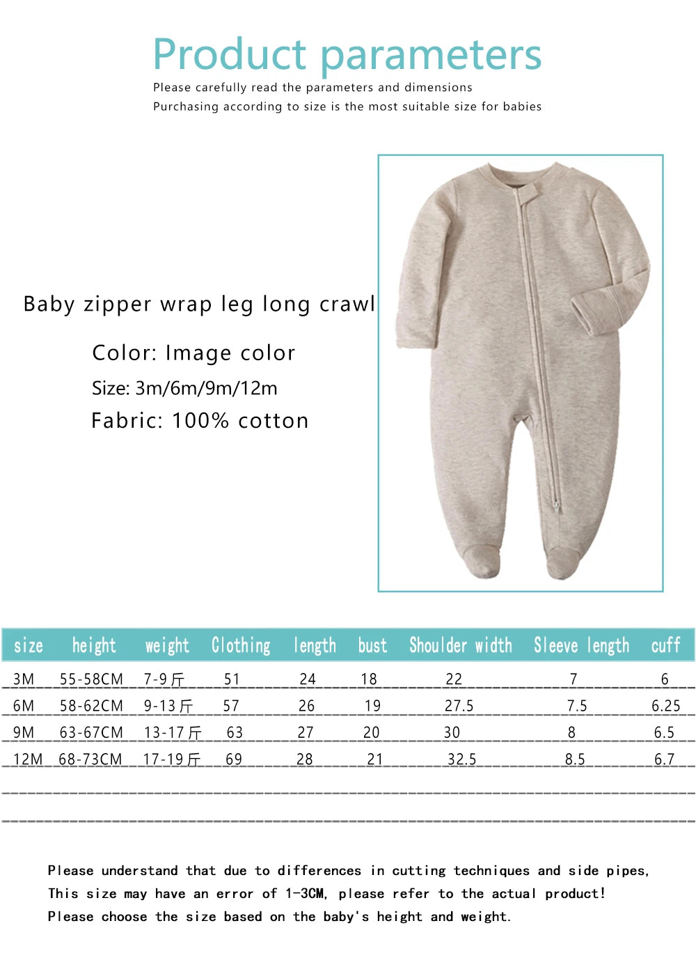 Spring Newborn Footed Pajamas Zipper Girl and Boy Romper Long Sleeve 0-12 Months Baby Clothe Jumpsuit Cotton Solid White Fashion