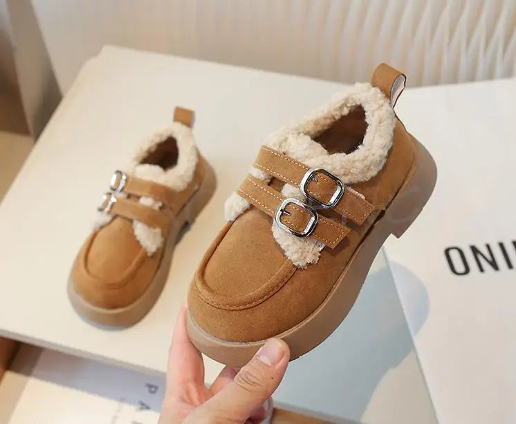Autumn Winter Children Flats Shoes Solid Plush Warm Korean Style Girls Princess Casual Shoes Soft Bottom Furry Kids Cotton Shoes