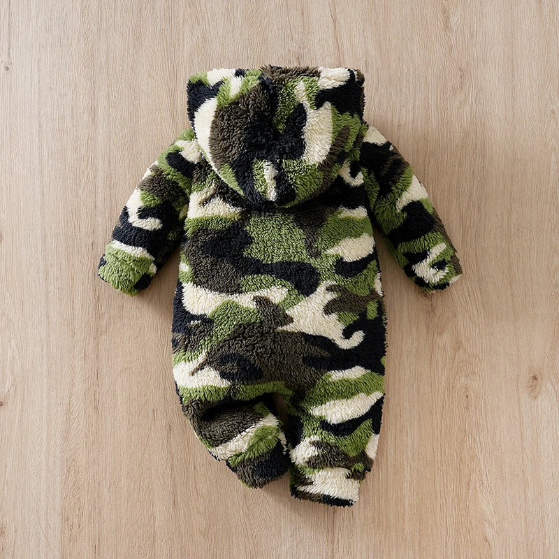 Winter Baby Boy Hoodie Plush Camouflage Style Fashionable Daily Suitable For Children Under 1 Year Old Jumpsuit