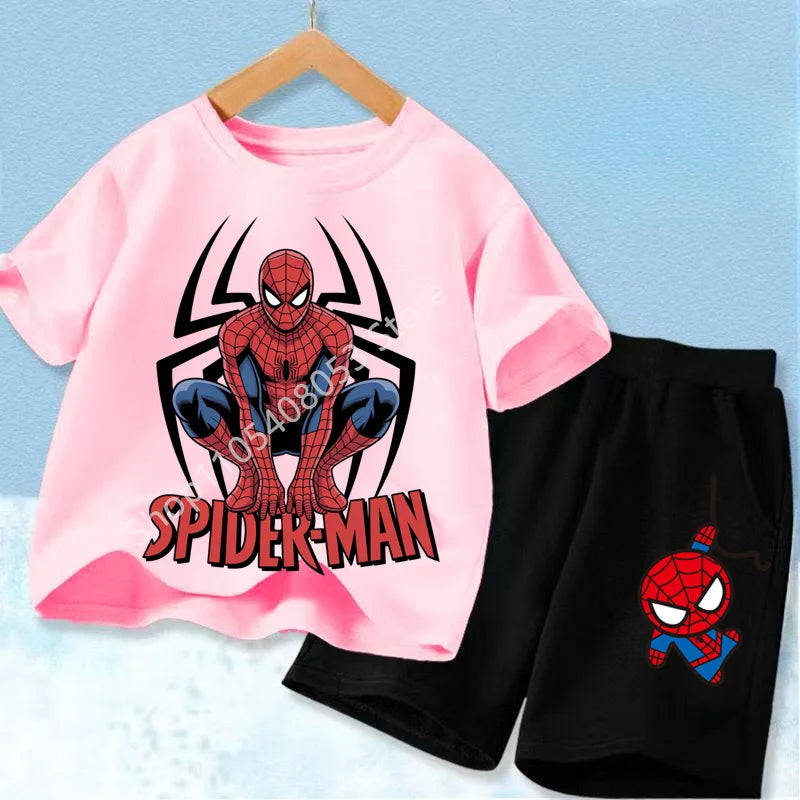 Summer Hot Sale Kids Short Sleeve Two Piece Set Marvel Spider Man Cartoon Print Children Outfit