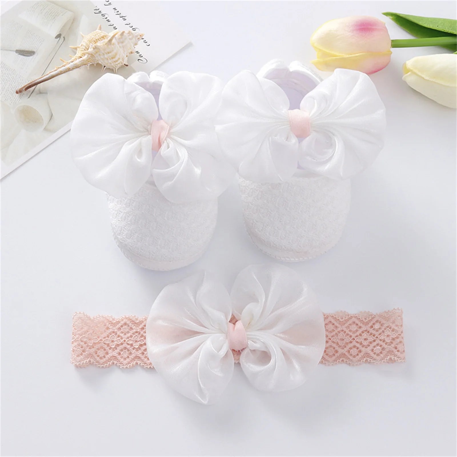 Pudcoco Infant Girl Flat Shoes for Spring Autumn, Bowknot Soft Sole Anti Slip Crib Shoes + Lace Headband