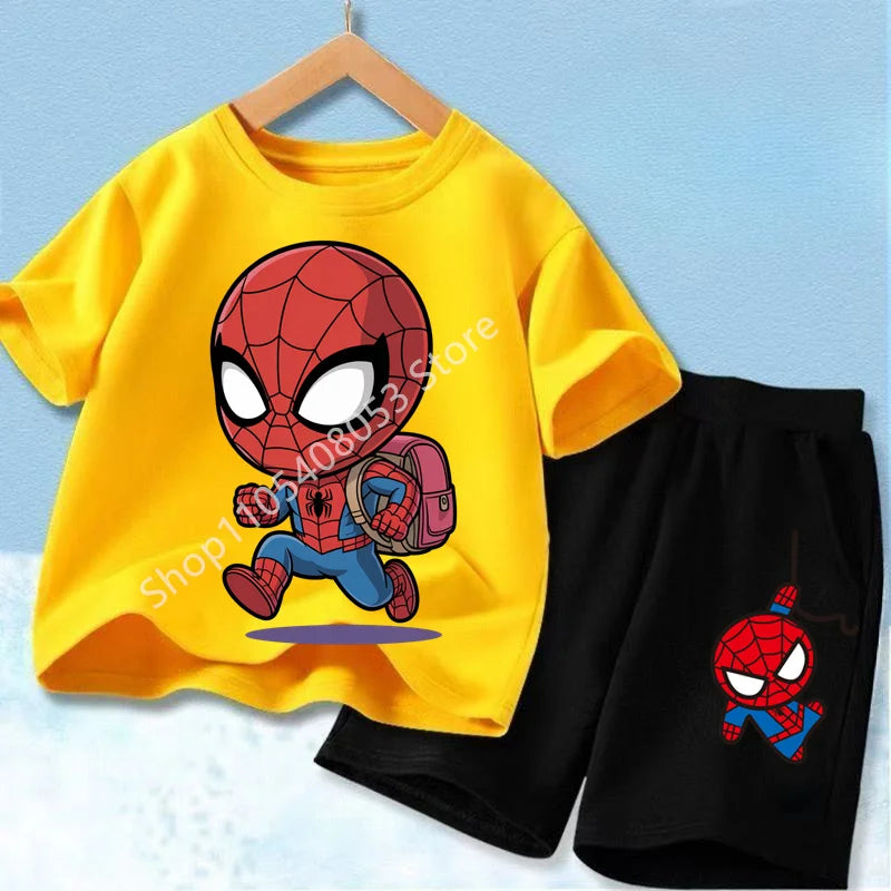 Summer Hot Sale Kids Short Sleeve Two Piece Set Marvel Spider Man Cartoon Print Children Outfit