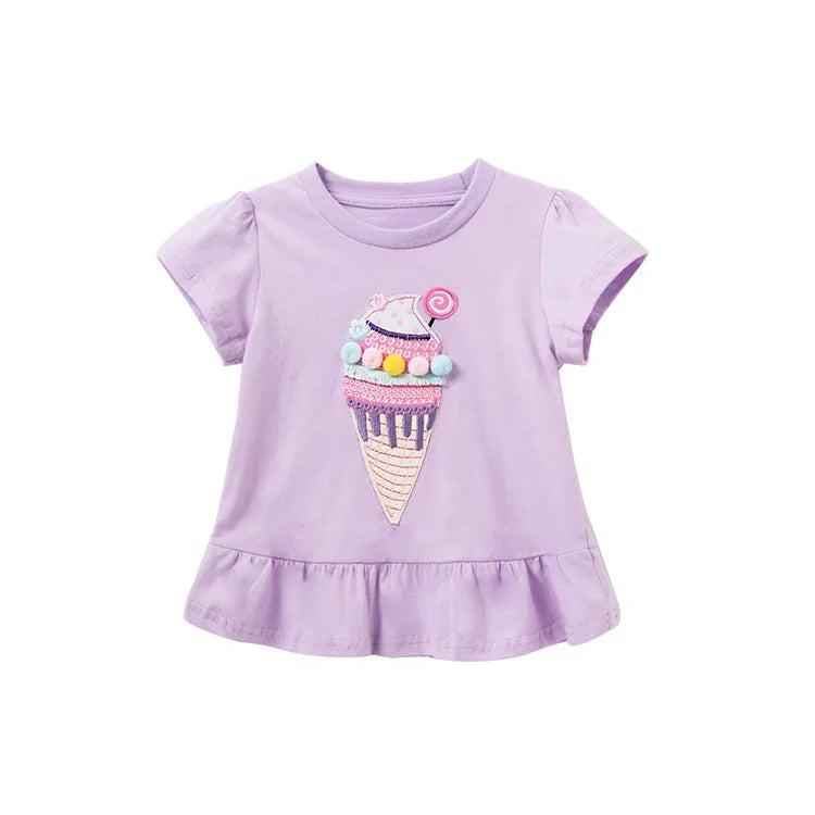 2026 Summer New Arrival 2 3 4 5 6 8 10 Years Kids Children Flower Print Baby Top Basic Cartoon Cotton Girls Short-Sleeve T-Shirt